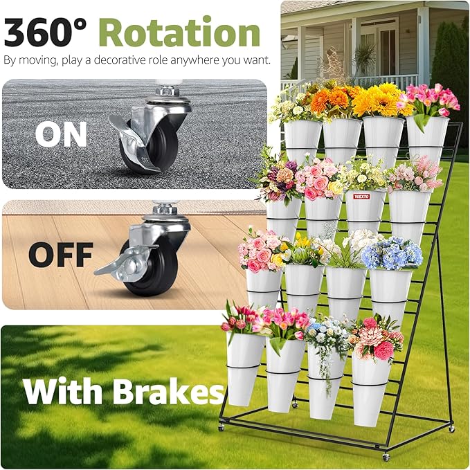 Flower Display Stand 4 Layers with 16 PCS Round Buckets, Plant Stand with Wheels, Movable Metal Plant Stand for Terrace Garden, Florist Shop