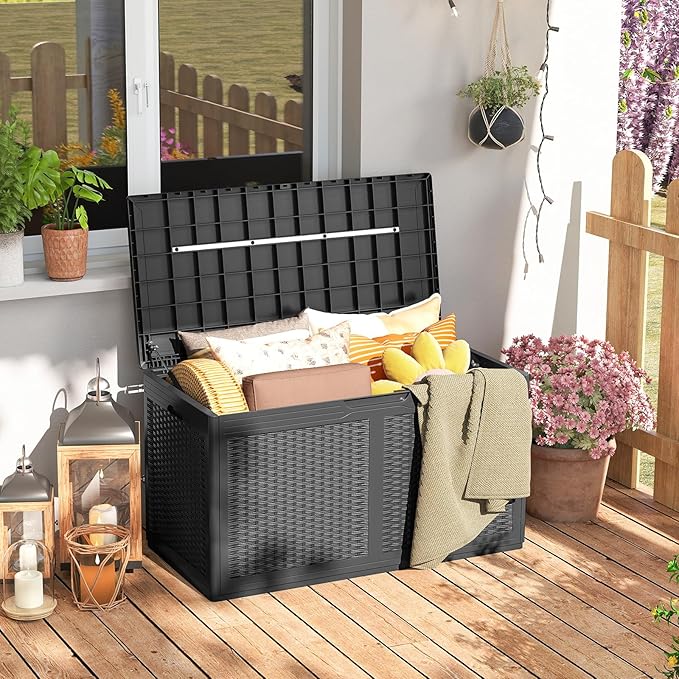 RELAX4LIFE 100-Gallon Resin Deck Box - Waterproof Outdoor Storage Box Container w/Lockable Lid & Wheels, Faux Rattan Porch Bench for Patio Furniture Cushions, Pool Accessories, Garden Tools (Grey)