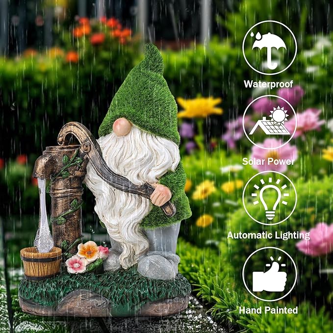 Garden Gnome Statue, Resin Pressurized Well with Water Gnome Figurine with Solar Lights for Porch Patio Yard Outdoor Decor
