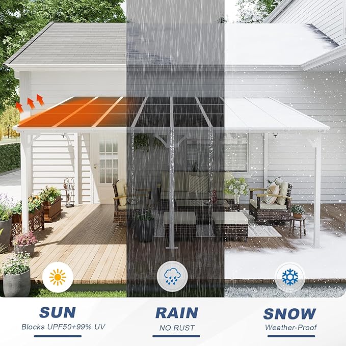 MEISSALIVVE 12' x 16' Wall Mounted Lean to Metal Awning with Sloped Roof, Outdoor Patio Gazebo Awning for Backyard, Deck, White