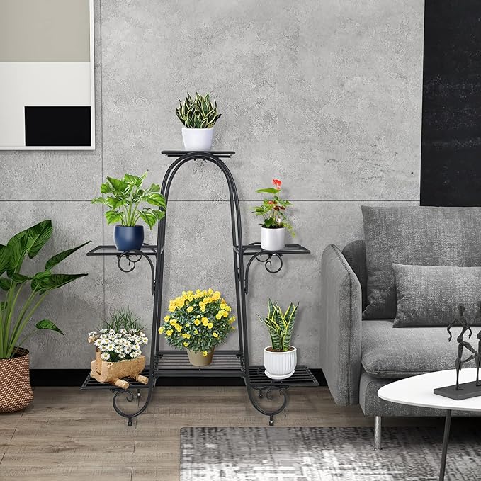 S AFSTAR 6-Tier Metal Plant Stand, Heavy-Duty Plant Display Stand Rack w/ Adjustable Footpads, Slatted Support Panel, Elevated Base, Decorative Flower Potted Holder Rack for Balcony, Living Room, Easy Assembly
