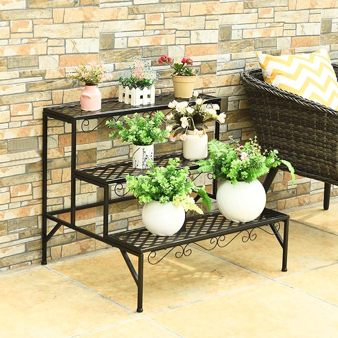 Giantex 3 Tiers Black Metal Plant Stand, Metal Plant Shelf Stands w/ 6-9 Flower Potted Capacity Holders, Multiple Flower Pot Display Rack for Plants Patio Garden Corner Indoor (Rectangular)