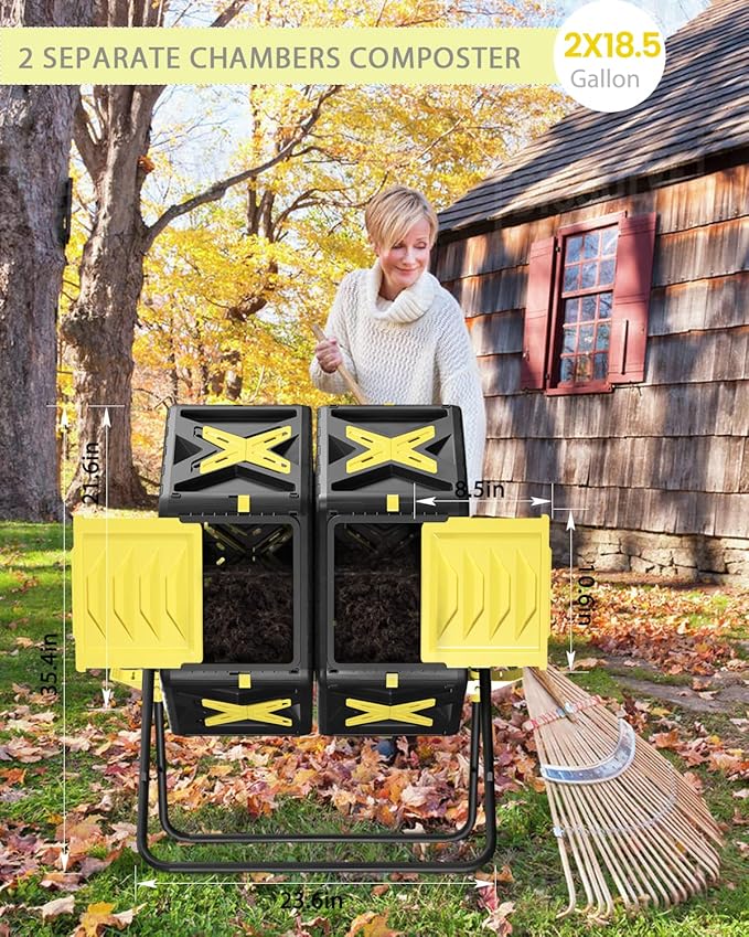 Compost Bin Outdoor - 2 X 18.5 Gal Dual Chamber Compost Tumbler,BPA Free Outdoor Rotating Composter with Easy-Turn, Fast-Working System