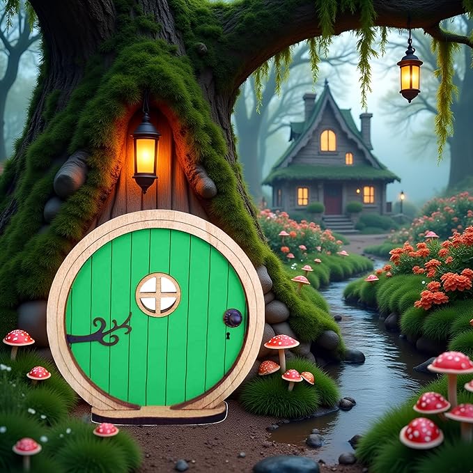 1Pc Fairy Garden Door for Tree, Fairys Doors for Trees Outdoor and Tree Trunk, Mini Fairy Garden Sculpture Lawn Ornament Decor, Fairys Tales Door Decoration，Gardens Miniatures (Green)