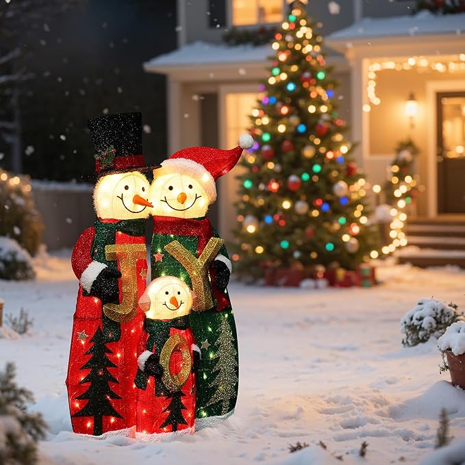 LuxenHome 3FT Lighted Snowman Family Outdoor Decoration, Prelit Joy Snowman with Hat and Scarf, Illuminated Christmas Decorations Indoor and Outdoor for Porch, Lawn, Xmas Holiday Yard Decor