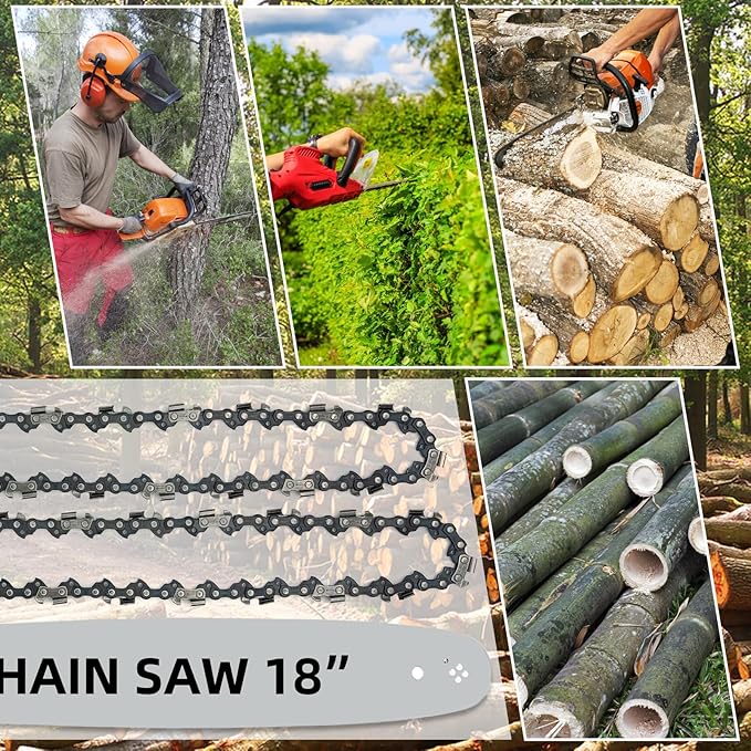 18 Inch Chainsaw Bar & Chain Combo 3/8" LP Pitch .050" Gauge 62 Drive Links 18" Replacement Chain Low-Kickback Chainsaw Chains Compatible with Echo, Poulan, Craftsman and More (2Chains + 1Bar)