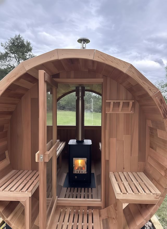 Barrel Sauna, Canadian Red Cedar Outdoor Sauna 4-6 Person,15KW Wood Burning Saunas Stove, Half Glass Window, Triple Waterproof System for Garden, Patio