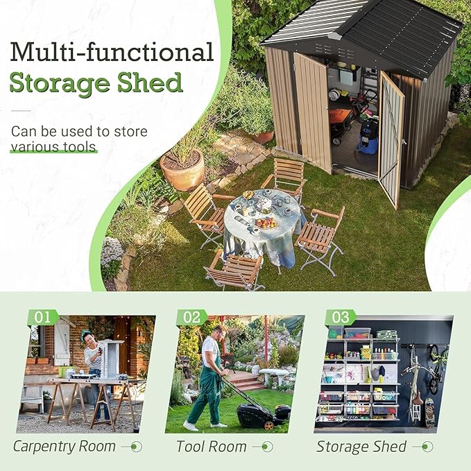 Furniwell 6x8 FT Outdoor Storage Shed, Metal Garden Sheds Outdoor Storage House with Single Lockable Door for Backyard Patio Lawn, Brown