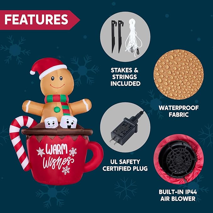 Joiedomi 6 FT Tall Christmas Inflatable Gingerbread Man in Hot Cocoa Mug with Build-in LEDs, Gingerbread Blow Up Yard Decoration for Xmas Party Outdoor Garden Decor