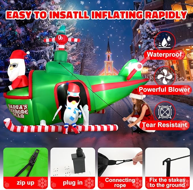 HFO 8ft Wide&5.5ft Tall Christmas Inflatable Outdoor Decorations, Blow up Yard Decor with Santa Claus to Fly a Helicopter with a Penguin, Bright LED Lights Christmas Outdoor Decorations