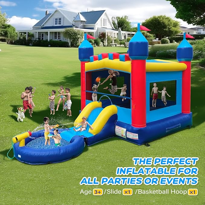 JOYMOR Commercial Inflatable Bounce House w/Slide and Pool for Adults and Big Kids, 12x12FT Jumping Area, 100% PVC Vinyl Water Slide with Water Cannon for Outdoor Backyard (No Blower)