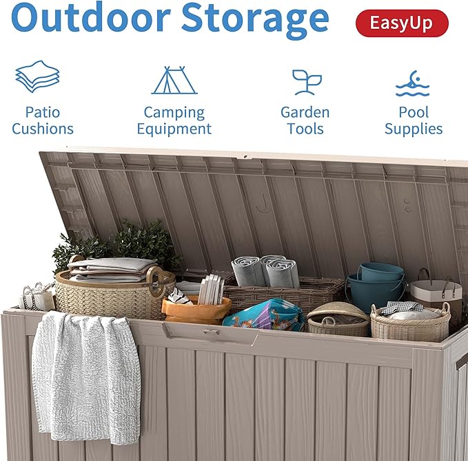 EasyUp 90 Gallon Outdoor Storage Box, Resin Waterproof UV-Resistant Deck Box, Reinforced Stability for Patio, Garden, and Poolside, Striped Gray