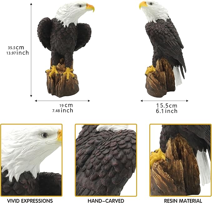 Garden Sculpture Hand-Painted Bald EagleResin Statue 14.2 Inch Tall with Stump Base Realistic Feather Texture & Vivid Postures for Home Office Yard Ornament