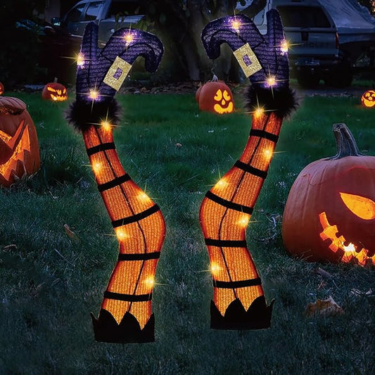 30" Halloween Lighted Witch Legs with Stakes, Light Up Witch Feet with Timer & 8 Lighting Modes, Battery Operated Witch Decor for Outdoor Yard Garden Lawns Pathway Decor (24" Leg+6" Stake)