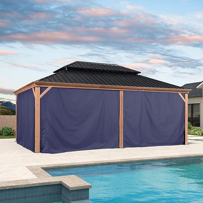 PURPLE LEAF 14' X 20' Outdoor Hardtop Gazebo for Patio Galvanized Steel Double Roof Permanent Canopy Teak Finish Coated Aluminum Frame Pavilion Gazebo with Netting and Navy Blue Curtains