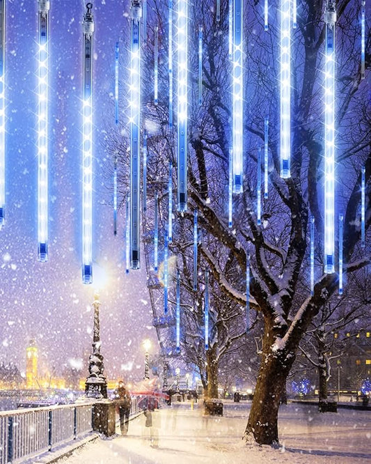 Blue 20 Tubes Meteor Shower Icicle Lights 480 LED Raindrop Lights with Timer Function Cascading Falling Rain Light for Holiday Party Christmas Decorations