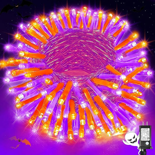 200 LED Halloween Lights Outdoor, 66ft Halloween String Lights Indoor Clear Wire 8 Modes Waterproof Plug in Twinkle Fairy Light for Tree Party Garden Decorations, Purple&Orange