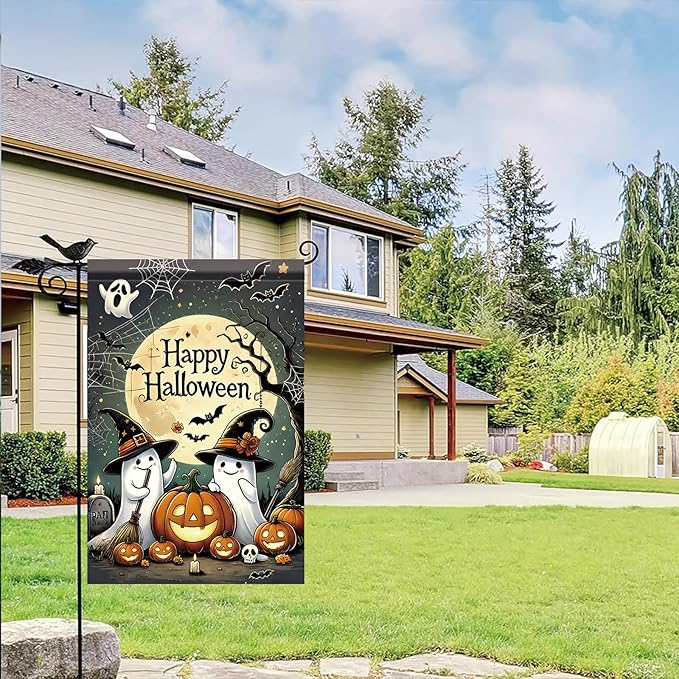 Halloween Garden Flag Funny Ghost Pumpkin Witch Hat Outdoor Yard Decoration Happy Halloween Banner 12x18 Inch Double Sided Holiday House Lawn Flag Vertical Seasonal Yard Sign Decor