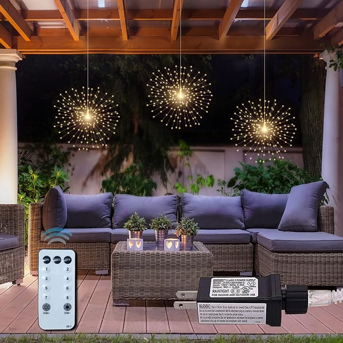 3 Pack 600 LED Plug-in Starburst Lights, Firework Light 8 Modes Dimmable Remote Control Waterproof Hanging Fairy Lights, Copper Wire Light for Patio Party Tent Halloween Christmas Decor (Warm White)