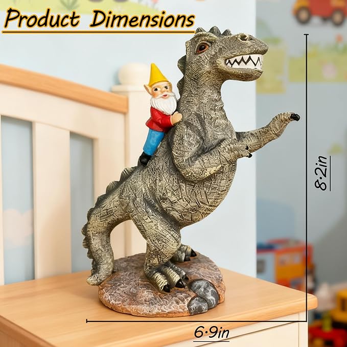 Funny Garden Gnome Riding Dinosaur Statue - Resin Outdoor Decor for Yard,Patio,Lawn - Whimsical Dinosaur Sculpture Gift for Garden Lovers