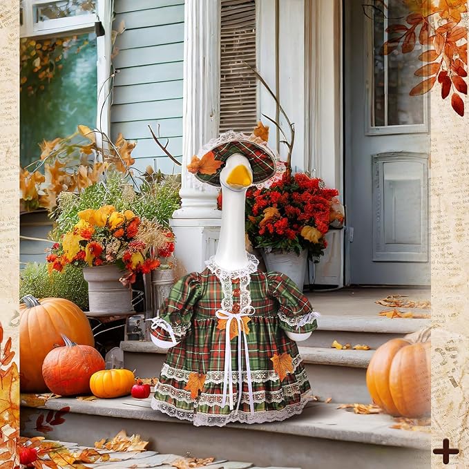 Suzile Fall Porch Goose Outfit Autumn Clothes for 23" High Cement or Plastic Goose Costume Plaid Dresses for Yard Lawn Outdoor Garden Patio Statue Thanksgiving Day Xmas Holiday Decor