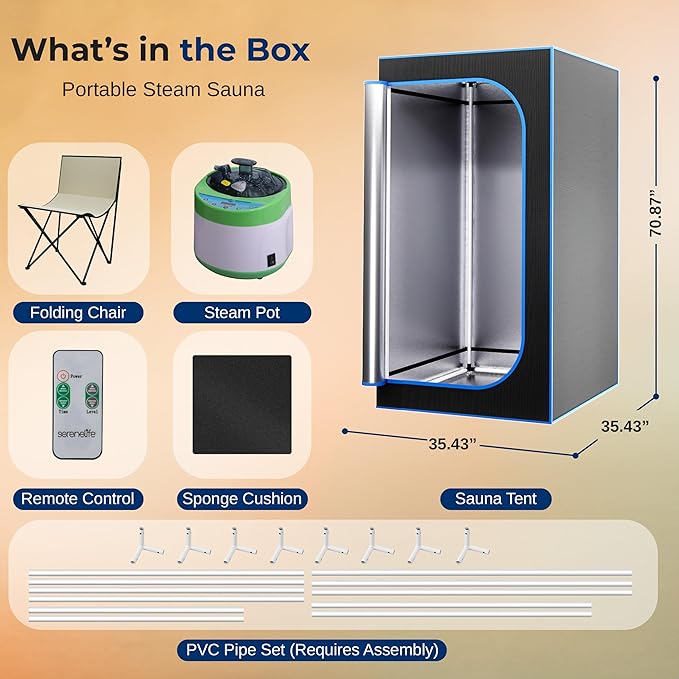 SereneLife Portable Steam Sauna for Home with 4L Steamer, Folding Chair, Remote Control, 9 Heat Levels, Compact Indoor Sauna Tent, Personal Spa, 71" x 35