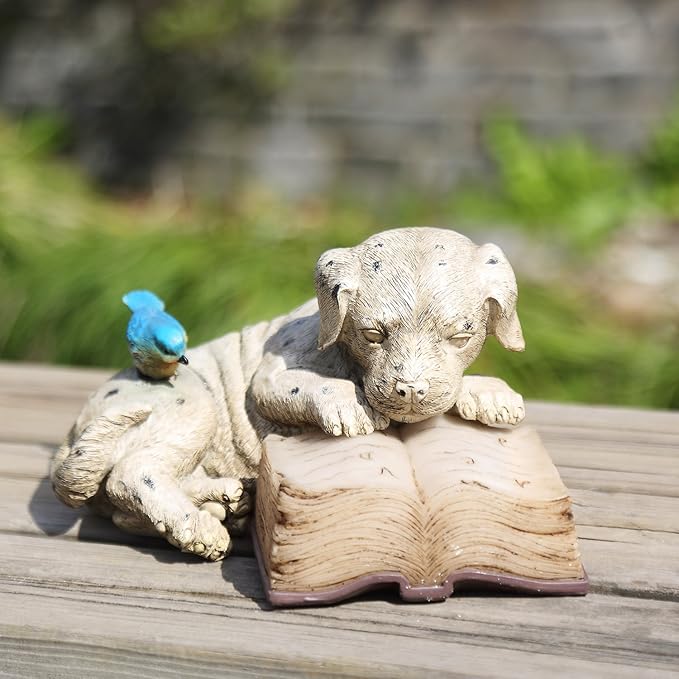 Topadorn Resin Dog Statue Solar Power Outdoor Statuary Cute Puppy for Garden Decoration, Dog Read a Book