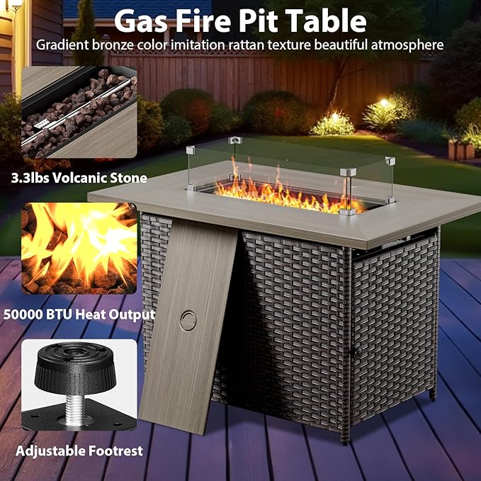 4 Piece Wicker Patio Furniture with Fire Pit Table - Outdoor Conversation Set with 50,000 BTU Fire Pit, All Weather Rattan Patio Set for Deck Backyard Garden - Brown Wicker Blue Cushion