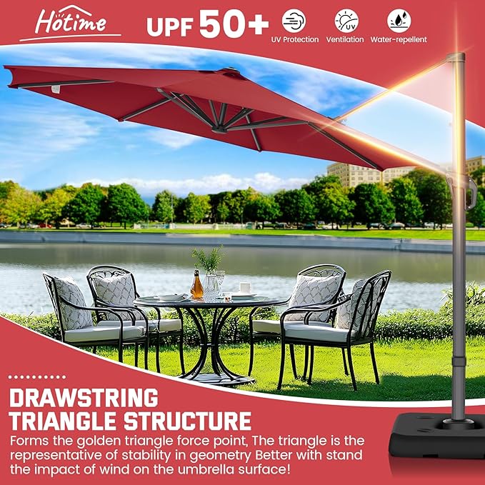Hotime 10ft Patio Umbrella Outdoor Patio Windproof and Height adjustable, Heavy Duty Aluminum Round Offset Patio Umbrella Cantilever Pool Umbrella with 360°Rotation for Garden Deck Pool, Wine Red