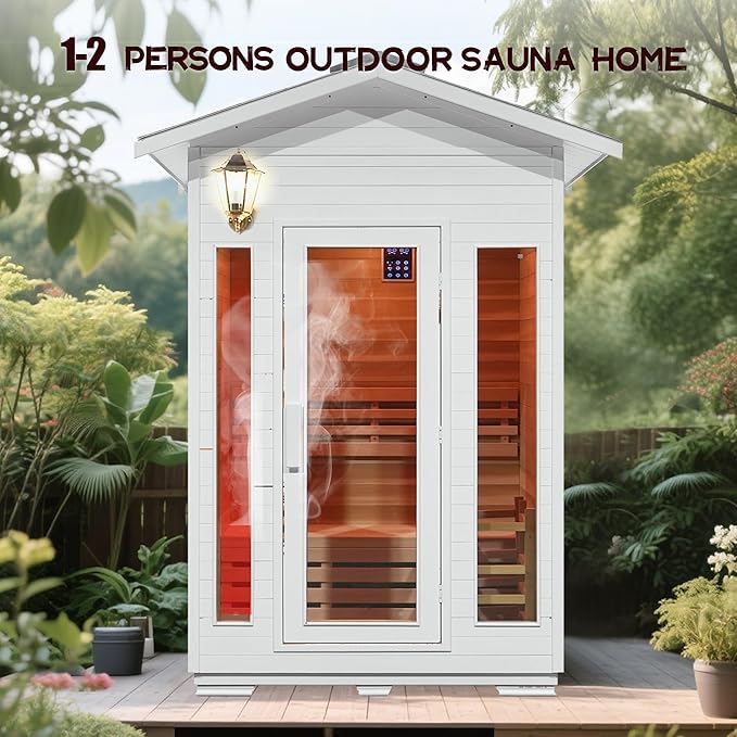 1-2 Person Outdoor Wooden Sauna Room,Canadian Cedar 220V 6KW Electric Stove Backyard Steam Sauna Kit with Light (White)