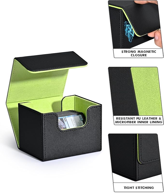 ZLCA Card Deck Box for Trading Cards, MTG Commander Deck Box Holds 120+ Single Sleeved, Leather Magnetic Card Storage Case Fits for TCG CCG Magic(Black& Green)
