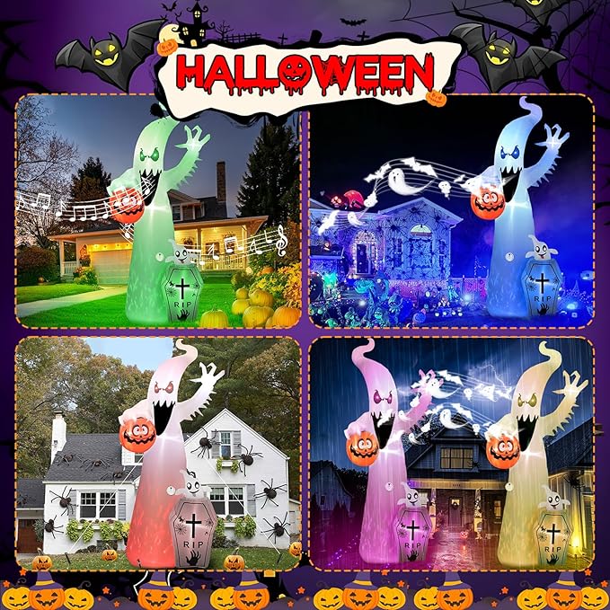 Elegear 12FT Halloween Inflatable Blow Up with Motion-Activated Screaming, 8-Mode Color Changing Flame Lights, Spooky Ghost Halloween Inflatables Outdoor Decorations for Yard Lawn Garden Porch Party
