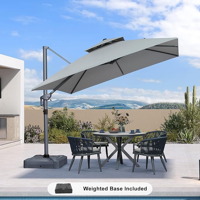 PURPLE LEAF 10 FT Cantilever Patio Umbrella Outdoor Umbrella with 220lbs Base Large Square Windproof Offset Umbrella for Pool Deck Garden, Pebble Grey