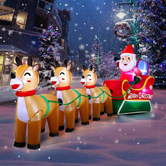 TURNMEON 12 Feet Long Christmas Inflatable Decorations Outdoor LED Lighted Santa Claus on Sleigh Three Reindeer Deer Gift Box Blow up Yard Christmas Decor Outside Lawn Garden Party 12 Stakes 2 Tethers