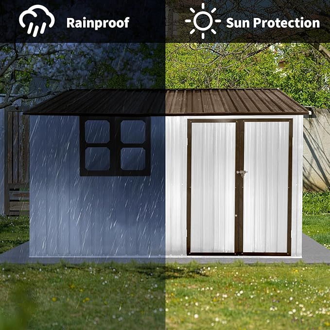 10x8FT Outdoor Metal Storage Shed with Window & Pent Roof – Heavy-Duty Steel Garden Shed, Secure Hinged Door, Weatherproof for Tools, Bikes & Lawn Equipment