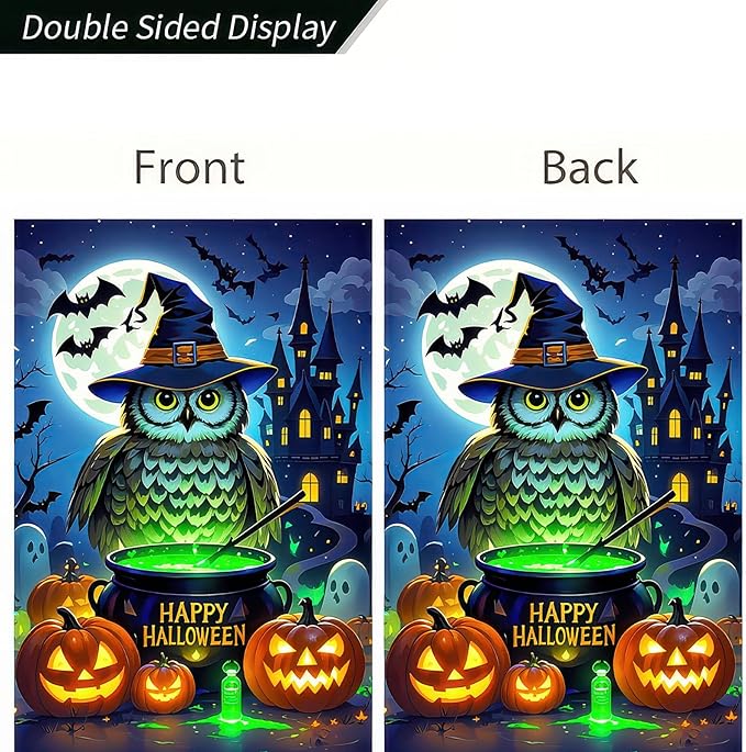 Garden Flags 12x18 Inch Halloween Garden Flag Fall Flags for Outside Vertical Double-Sided Owl Witch Cauldron Pumpkin Haunted Castle Outdoor Holiday Yard Banner for Porch Lawn Decoration