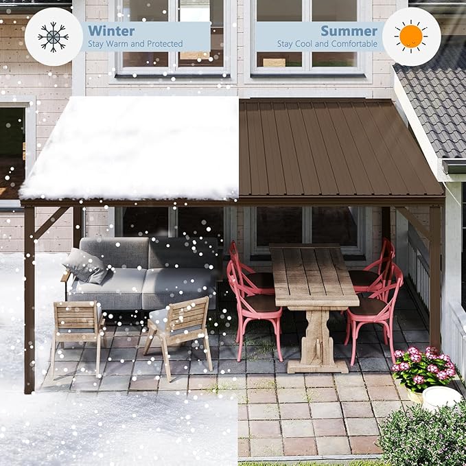 Domi 10’x14’ Wall-Mounted Hardtop Gazebo Pergola – Permanent Lean-to Outdoor Shelter with Sloped Galvanized Steel Roof & Upgraded Drainage – Grey Metal Patio Cover for Backyard, Deck, Garden, Brown