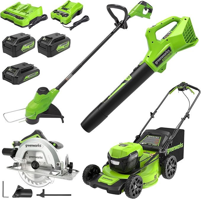 Greenworks 48V (2x24V) Lawn Mower Combo - 21" self propelled Lawn Mower, 12" String Trimmer, 320 CFM Blower, Circular Saw – All-in-One Cordless Combo: Ideal for Home Yard Work & DIY Projects