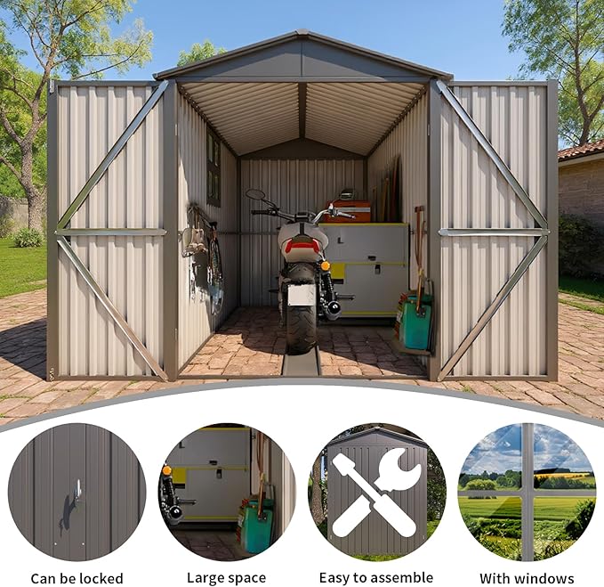 5.5x10FT Motorcycle Outdoor Storage Shed with Window, Lockable Steel Shed for Motorcycle, Heavy-Duty Weather-Resistant, 66.2" L x 121" W x 79.7" H, Grey – Easy Assembly