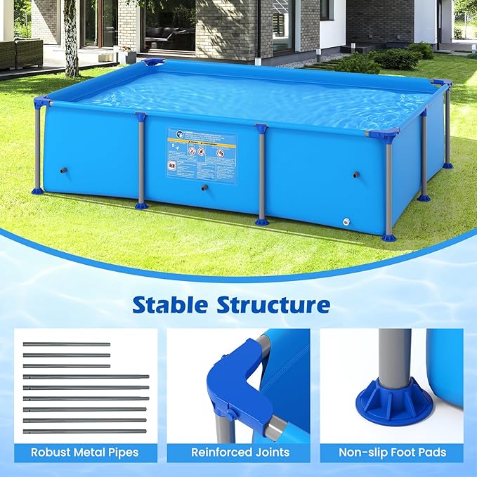 GYMAX 8.5' x 6' x 26" Metal Frame Above Ground Swimming Pool, Outdoor Backyard Famliy Pool w/Puncture-Resistant Fabric, Drainage Valve Connector for Kids & Adults (8.5' x 6' x 26", Rectangle, Blue)