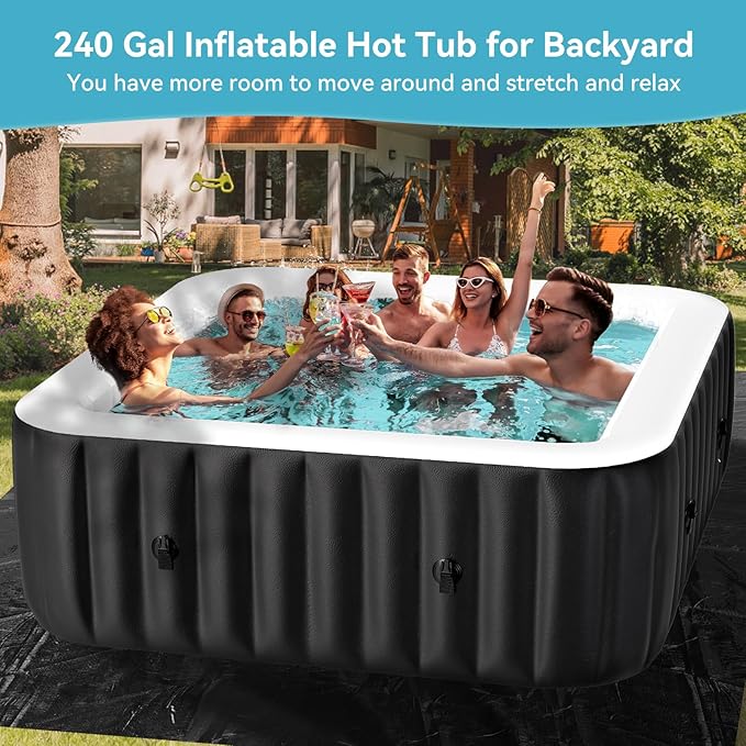 Blow Up Inflatable Hot Tub, 4-6 Person Large Square Portable Hot Tub, Leak-Proof PVC Outdoor Spa with 130 Air Jets, Heater Pump and Insulated Cover, 73” X 73”X 25”