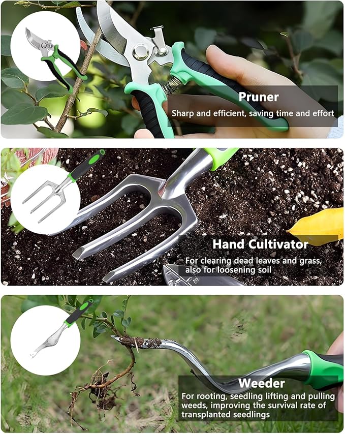 10Pcs Garden Tool Set, Heavy Duty Gardening Tools with Non-Slip Rubber Grip, Includes Shovel Trowel Fork Rake Gardening Gloves Organizer Handbag, Gifts for Women and Men
