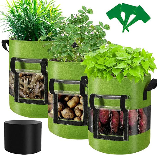 Visible Tomato/Strawberry/Sweet Potato/Carrot/Potato Grow Bags 7 Gallon 3-Pack, Heavy Duty Thickened Aeration Nonwoven Fabric Pots with Handles, Come with 3-Pcs Plant Labels&Lens Hoods
