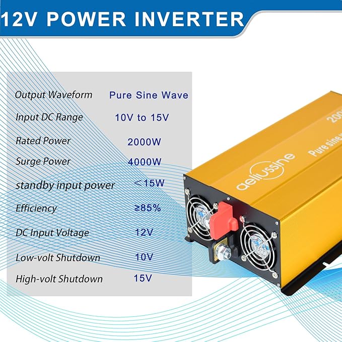 2000W Pure Sine Wave Inverter-12V DC to 110V 120V AC Power Converter with 2 AC Outlets, 12 Volt Power Inverter for Truck, Rv, Camping, Home, Emergency Power
