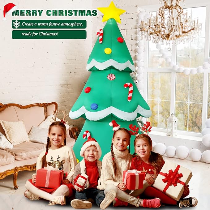 7 FT Tall Christmas Inflatables Tree Decorations Outdoor, Blow up Christmas Tree Yard Decor with LED Lights Star Treetop & Colorful Candy for Xmas Holiday Party Indoor Garden Patio Display Hall Lawn