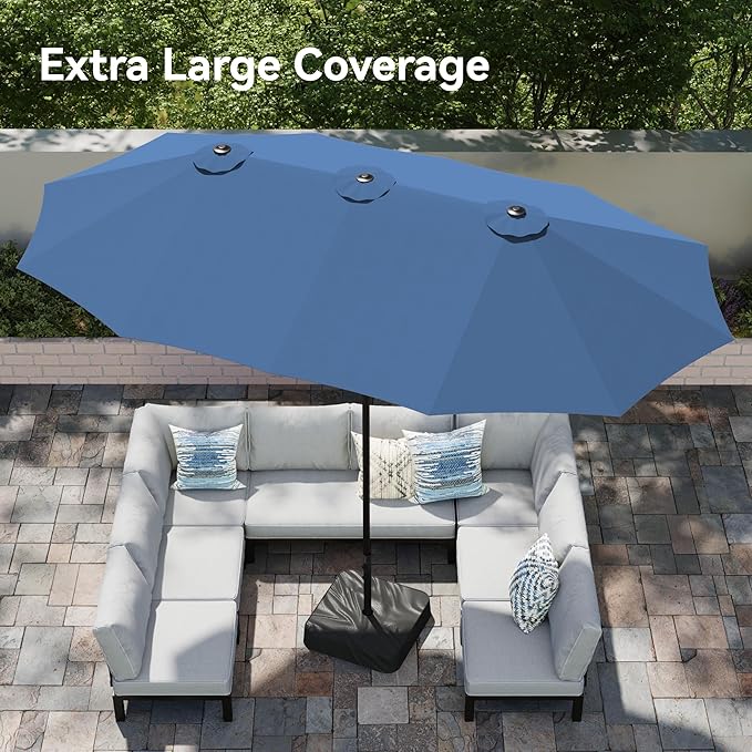 PHI VILLA 15ft Large Patio Umbrellas with Base, Outdoor Double-Sided Rectangle Market Umbrella for Pool Lawn Garden, Haze Blue