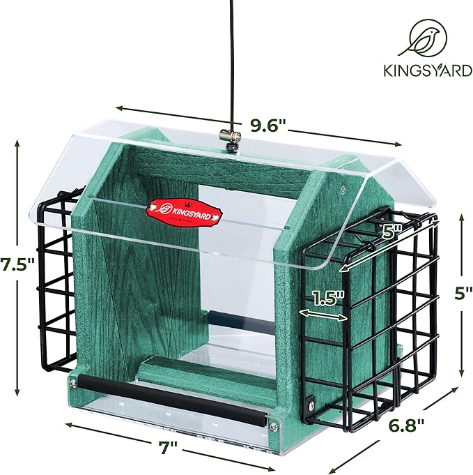 Kingsyard Hopper Bird Feeder for Outdoors Hanging, Recycled Plastic Double Suet Feeder with Clear View Windows, 3 LBS Seed, Cardinal Woodpecker Bluebird Feeder, Green