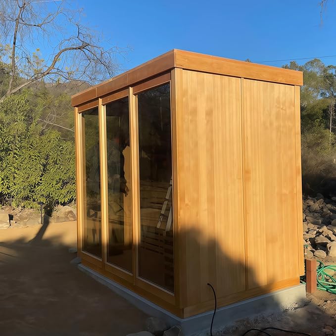 Customize Wood Burning Sauna 3-8 Person, Outdoor Red Cedar Steam Saunas, ETL Harvia Heater, Glass Wall Saunas, 220V, Rectangle Sauna Room with Backrest Headrest, Waterproofing System(0-195℉)