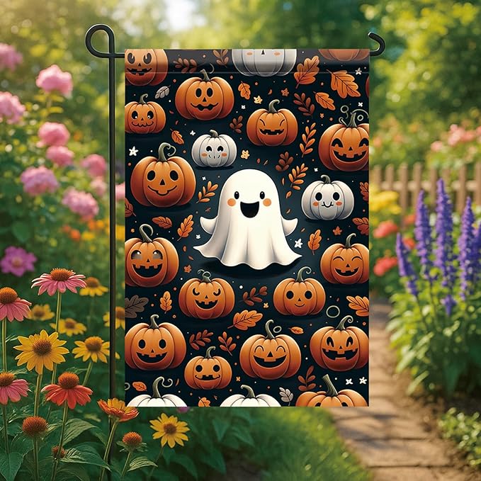 Halloween Pumpkin Ghost Garden Flag 12x18 Inch Double Sided for Outside Cute Ghost Pumpkin Yard Flag for Outdoor Holiday Home Decor