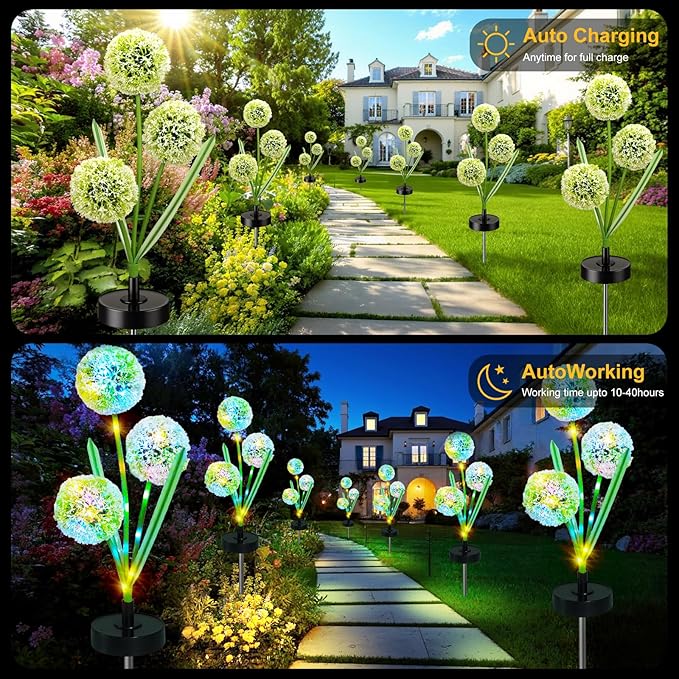 Solar Flowers Lights - Upgraded Outdoor Dandelion Flowers Lights, 7-Color Changing & Waterproof Outdoor Solar Lights for Garden, Patio, Backyard,Party and Office (Dandelion, 4)